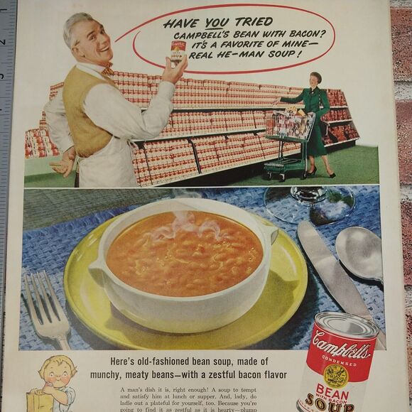 Campbells Bean with Bacon Soup - Store Shelves -1950 Original Retro Vtg PRINT AD - Picture 8 of 9